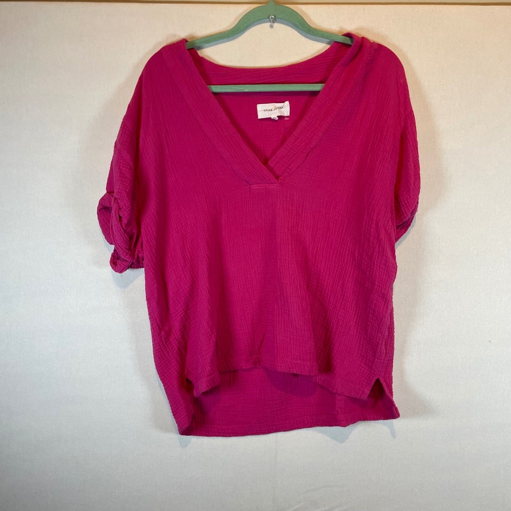 Dear‎ John Fuchsia Pink Cotton Gauze V-Neck Top with Knotted Sleeves Medium - Picture 2 of 6